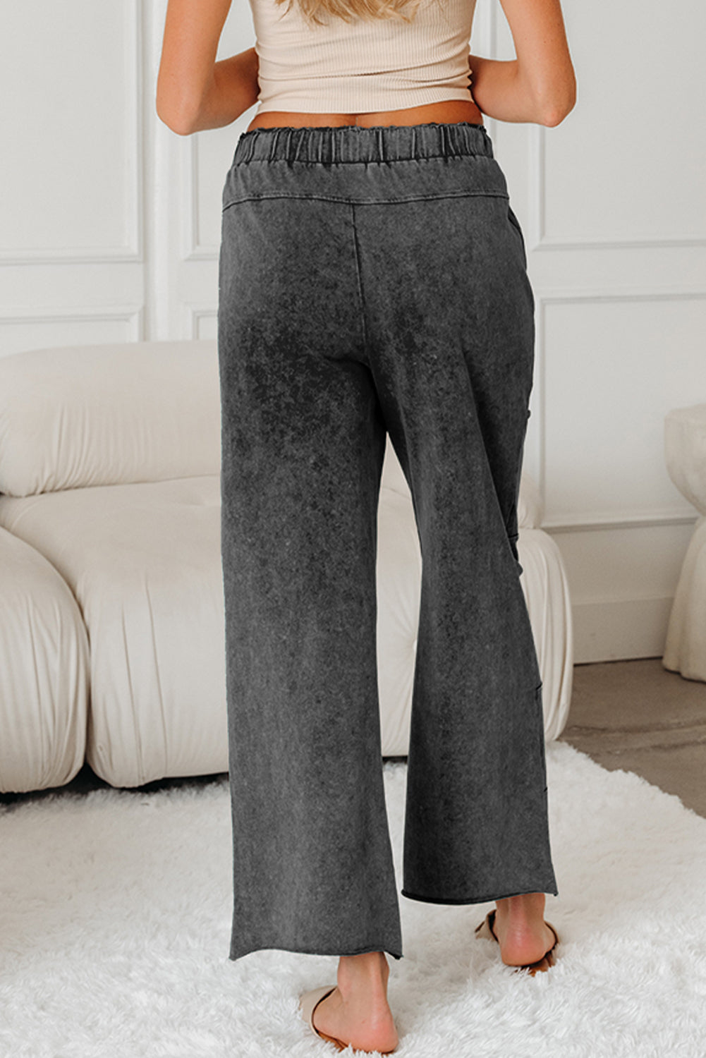 Lapis Mineral Wash Lace-up High Waist Raw Hem Patched Pocket Pants