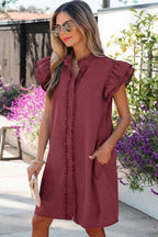 Red Sandalwood Frilled Detail Button Down Ruffle Short Sleeve Denim Mini Dress