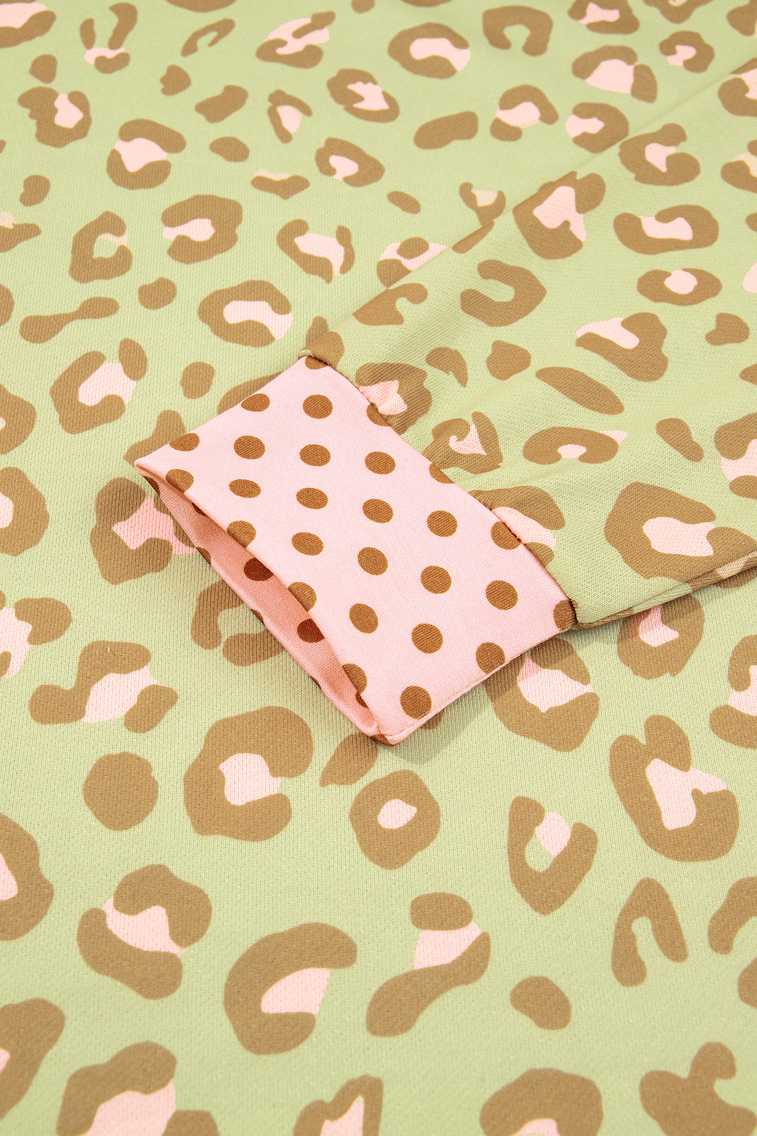 Pink Leopard Polka Dot Colorblock Trim Long Sleeve Top
