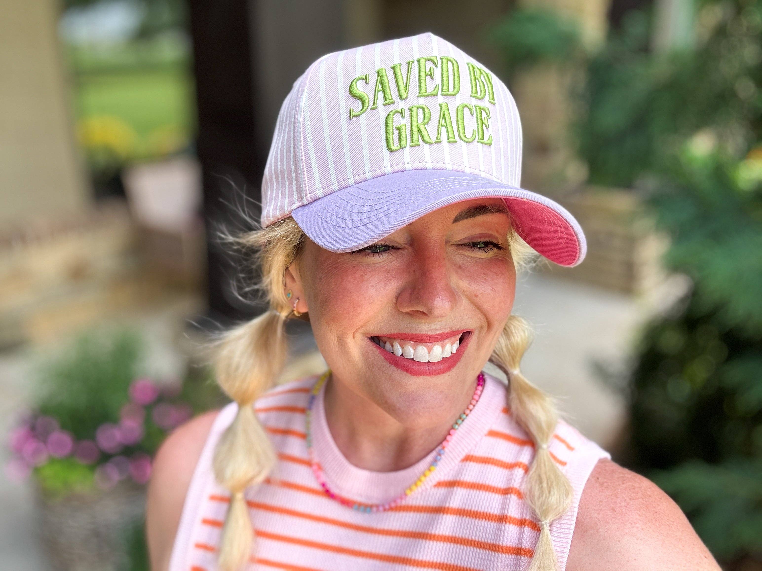 Embroidered Baseball Cap - "Saved by Grace" - Pink + Purple