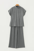 Burgundy Twisted Ribbed High Neck Loose Tee Elastic High Waist Loose Pant Set