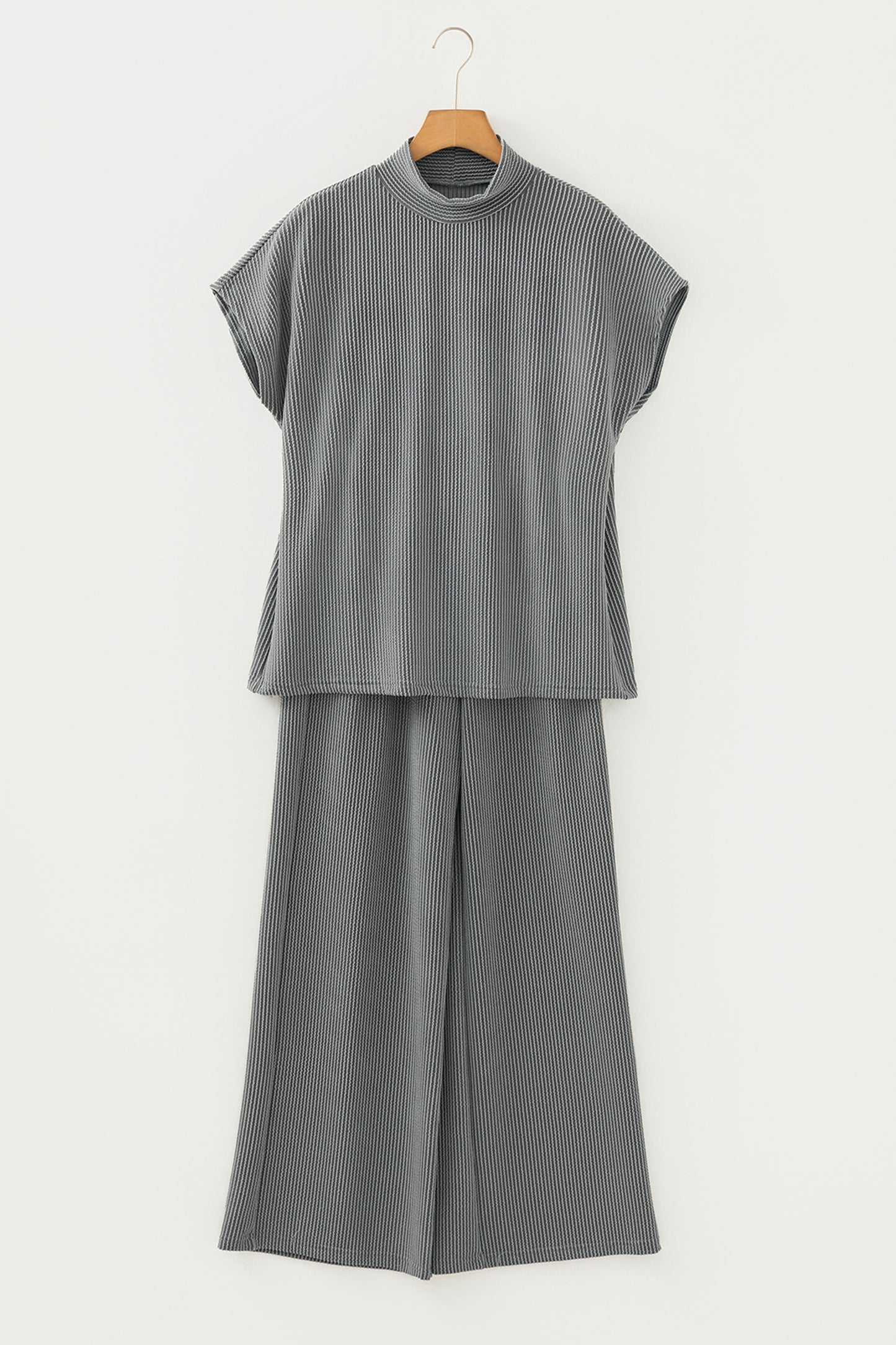 Burgundy Twisted Ribbed High Neck Loose Tee Elastic High Waist Loose Pant Set