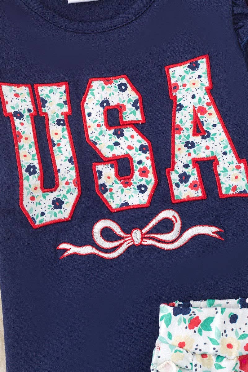 USA Floral applique navy blue top & floral bottoms. OFG50581 AMY