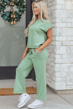 Canton Cuffed Short Sleeve Tee Raw Seam Patch Pocket Drawstring Pants Set