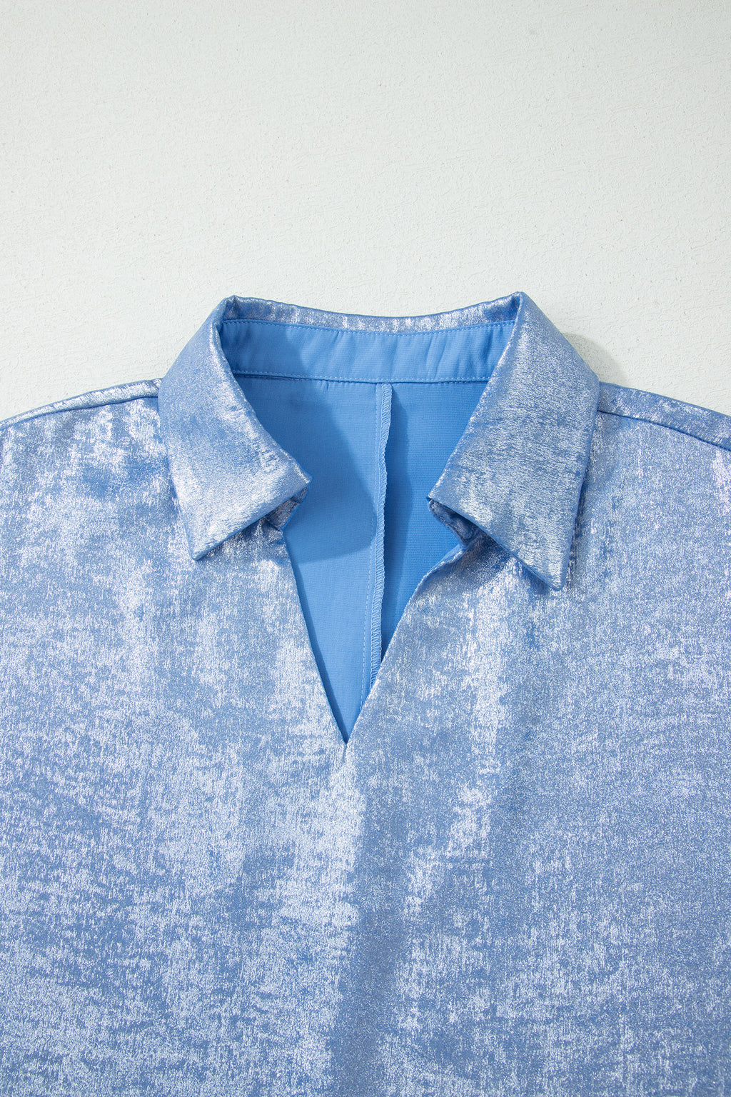 Collared V Neck Half Sleeve Metallic Top