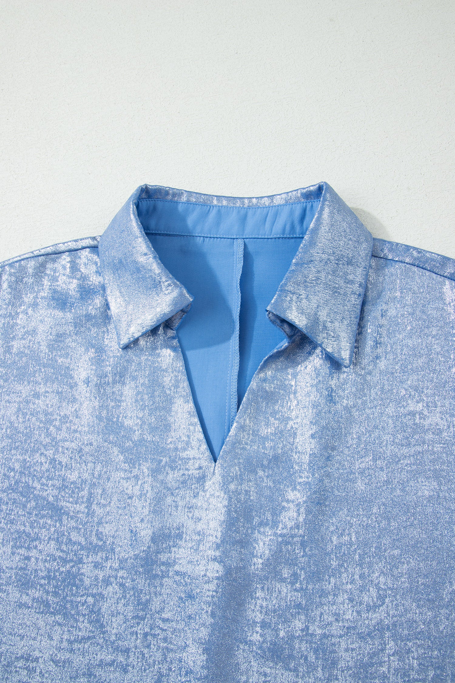 Collared V Neck Half Sleeve Metallic Top