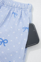 Sky Blue  Bow Print Twisted Rib Loose Long Sleeve Top 2pcs Short Set