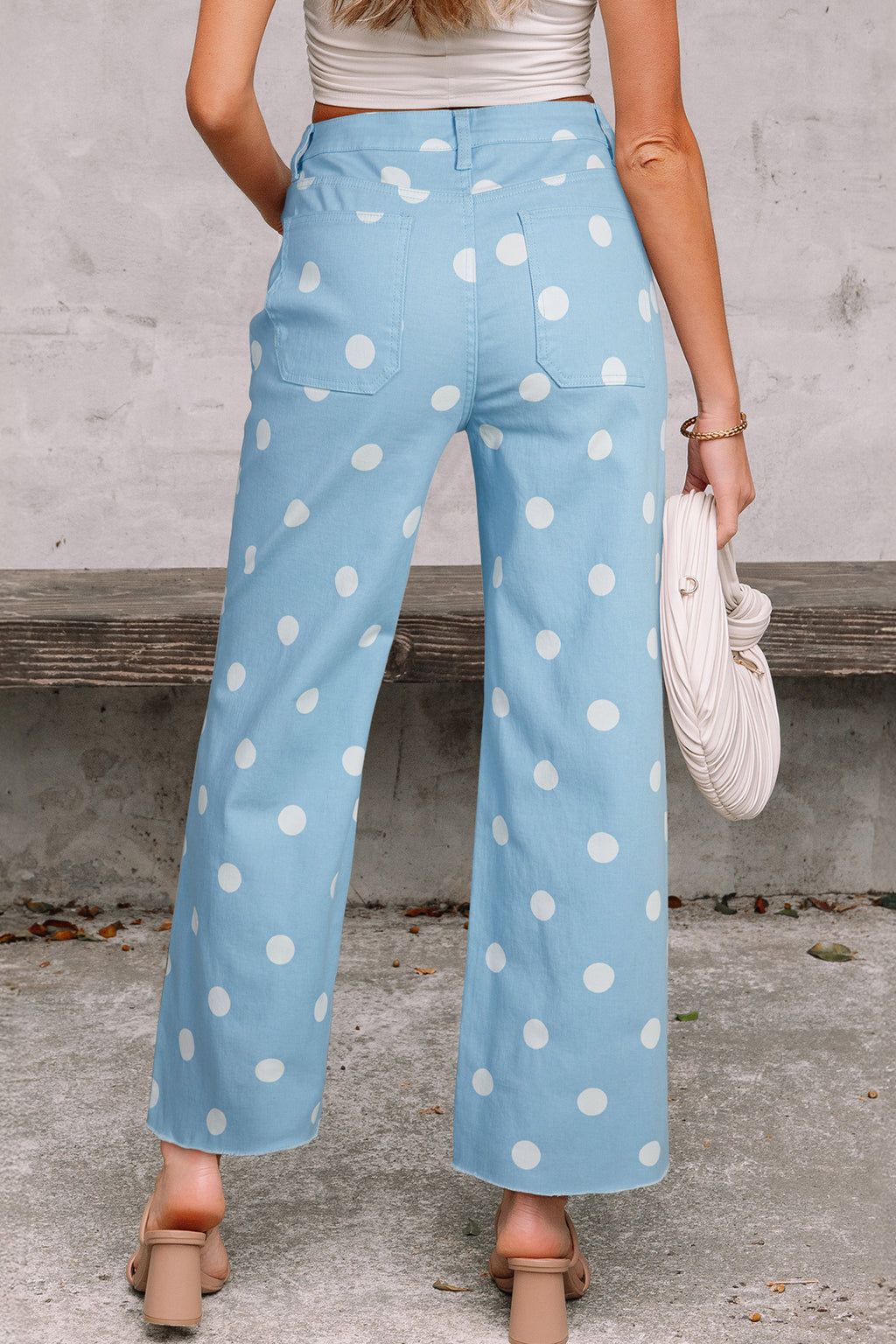 Sky Blue Polka Dot Print Raw Hem Shift Jeans