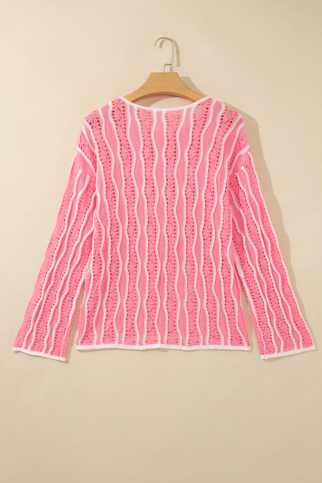 Pink Wavy Detail Hollow Out Knit Long Sleeve Cotton Pullover Sweater