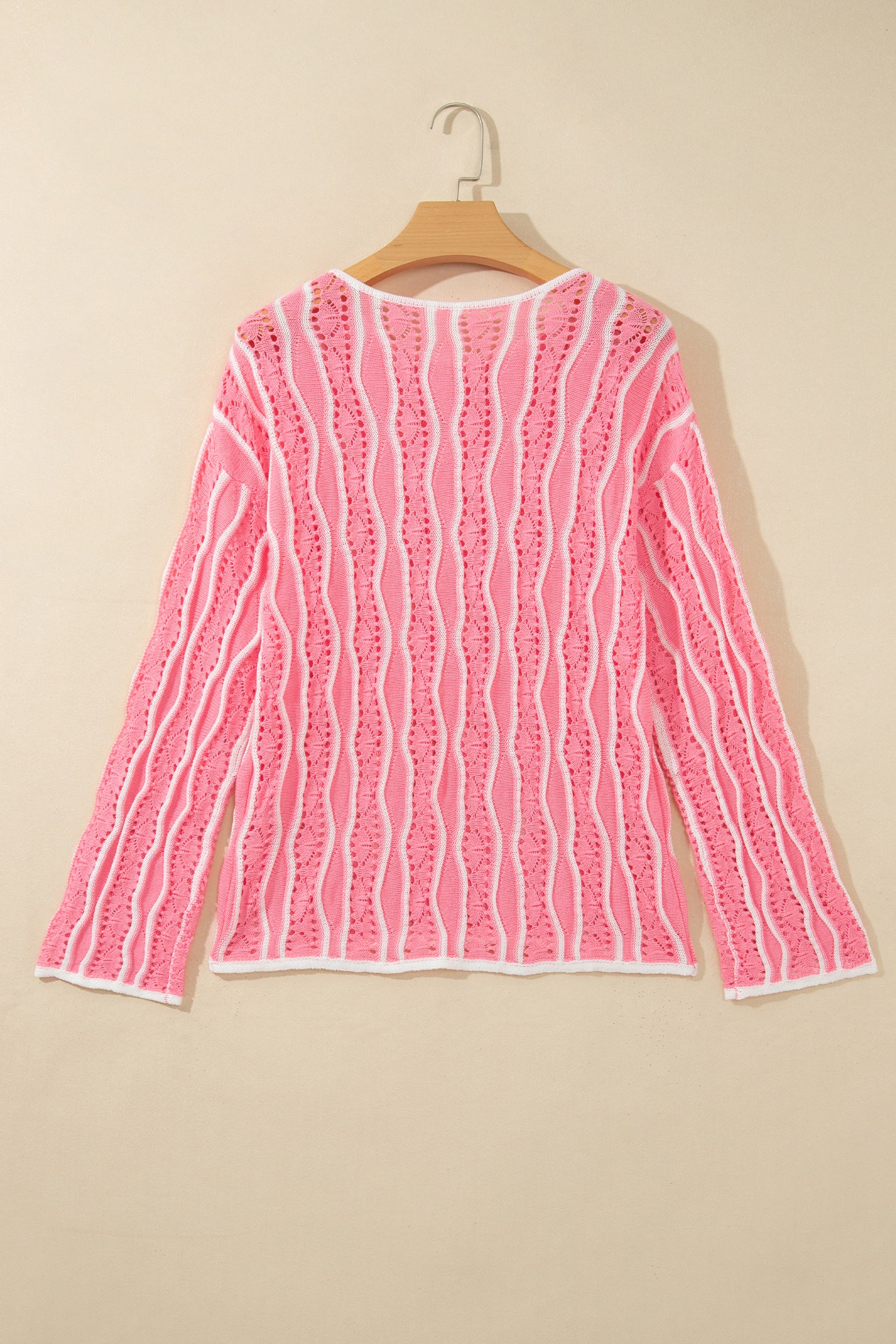 Pink Wavy Detail Hollow Out Knit Long Sleeve Cotton Pullover Sweater