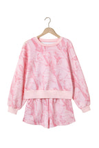 Pink Abstract Print Ribbed Crewneck Long Sleeve Top Elastic Waist Short Set