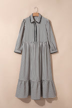 Black Stripe Scallop Trim Shirt Collar Half Button 3/4 Sleeve Long Dress
