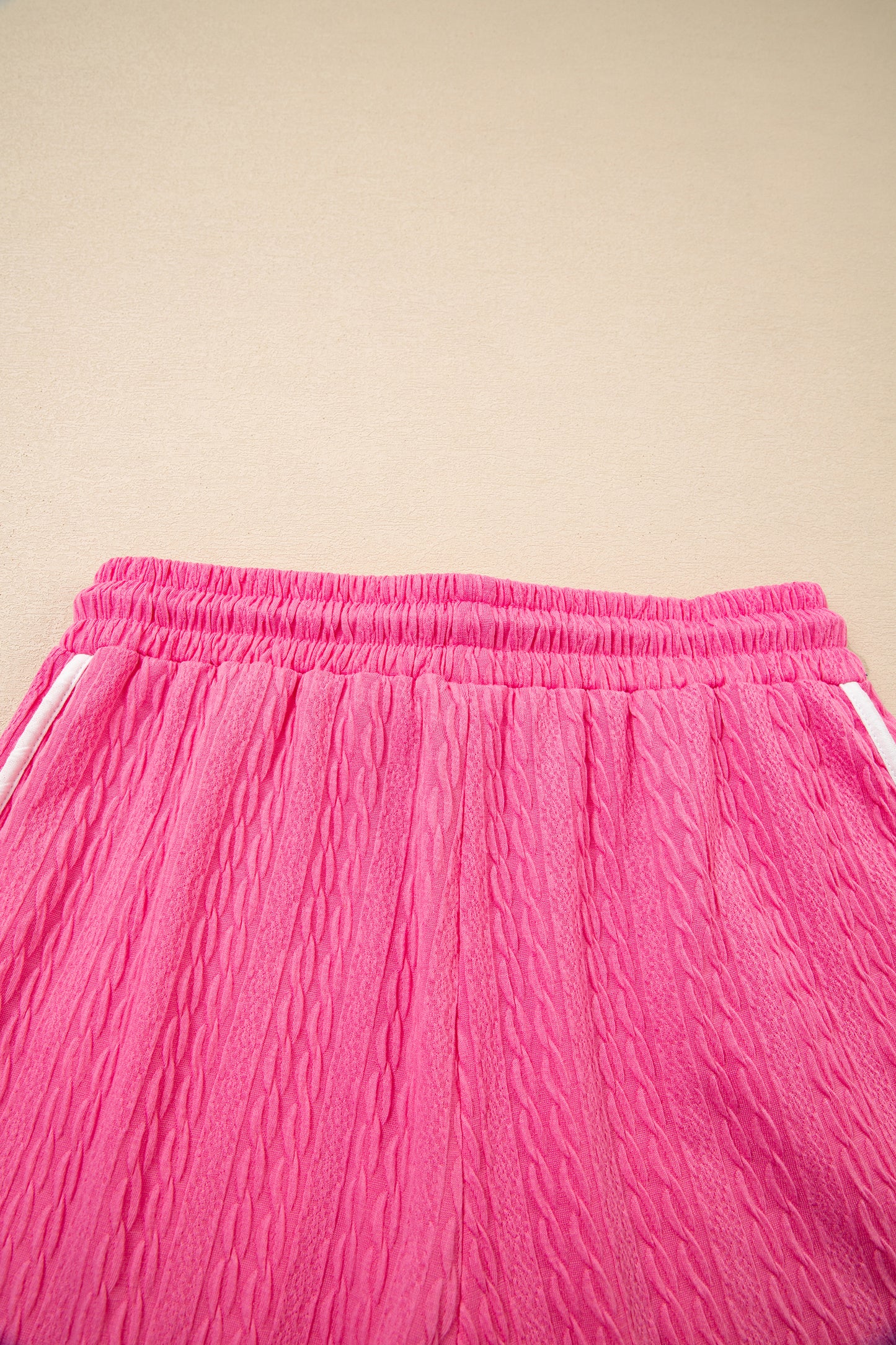 Bright Pink Textured Color Block Trim Loose Tee Drawstring Shorts 2pcs Set