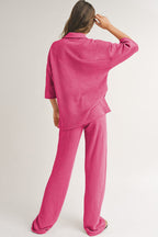 Rose Red Solid Color Textured Buttoned Shirt and Casual Pants Set