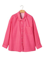 Red Stripe Button-Up Shirt Long Sleeve Patch Pocket Casual Shirt