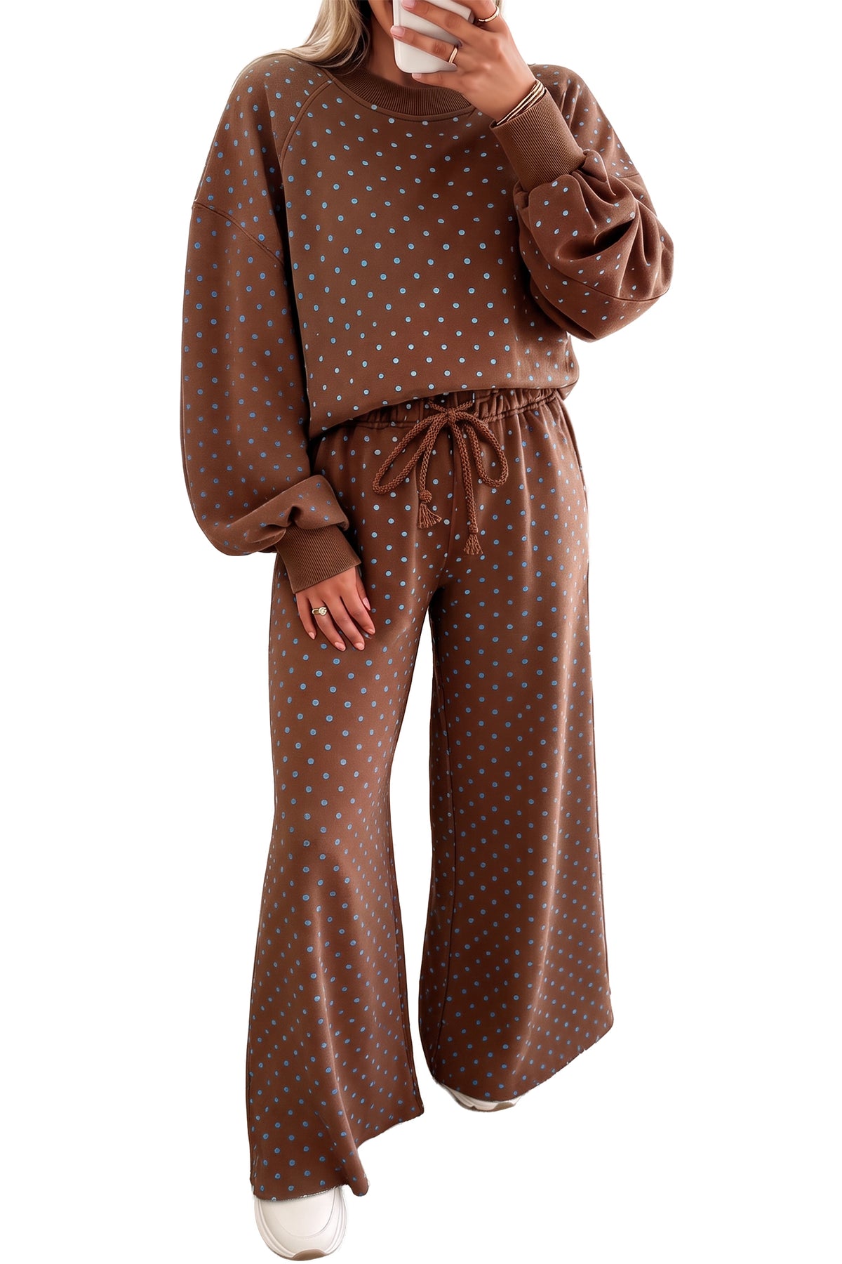 Polka dot drawstring wide-leg long sleeve top and pant set by Dear-Lover, comfortable two-piece outfit with stylish pattern and relaxed fit.