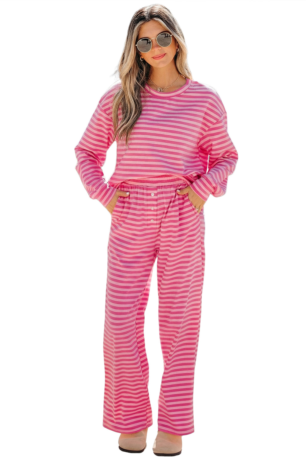Pink Stripe Drop Shoulder Round Neck Top and Buttoned Straight Pants Two Piece Set