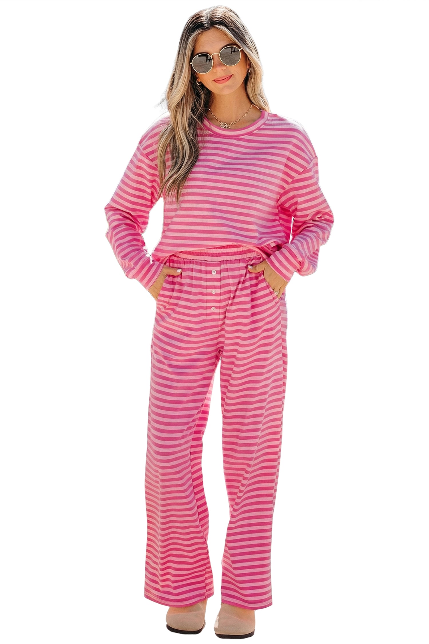 Pink Stripe Drop Shoulder Round Neck Top and Buttoned Straight Pants Two Piece Set