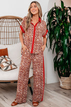 Brown Contrast Trim Leopard Top and Pant Set