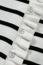 Beige Stripe Ruffle Trim Button Down Knit Short Sleeve Sweater Cardigan