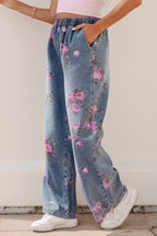 Beau Blue Floral Print Elastic Waist Pull On Casual Jeans