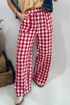 Blue Gingham Plaid Tie Elastic Waist Shift Pants