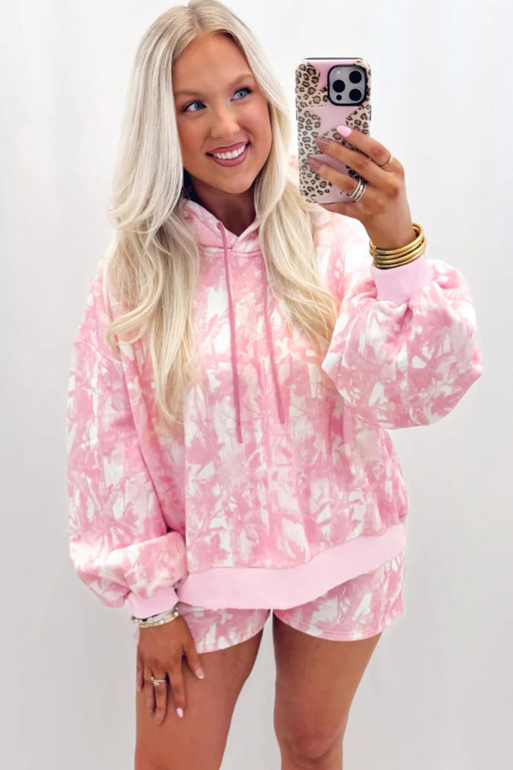 Pink Abstract Print Loose Hoodie Slim Shorts 2pcs Set