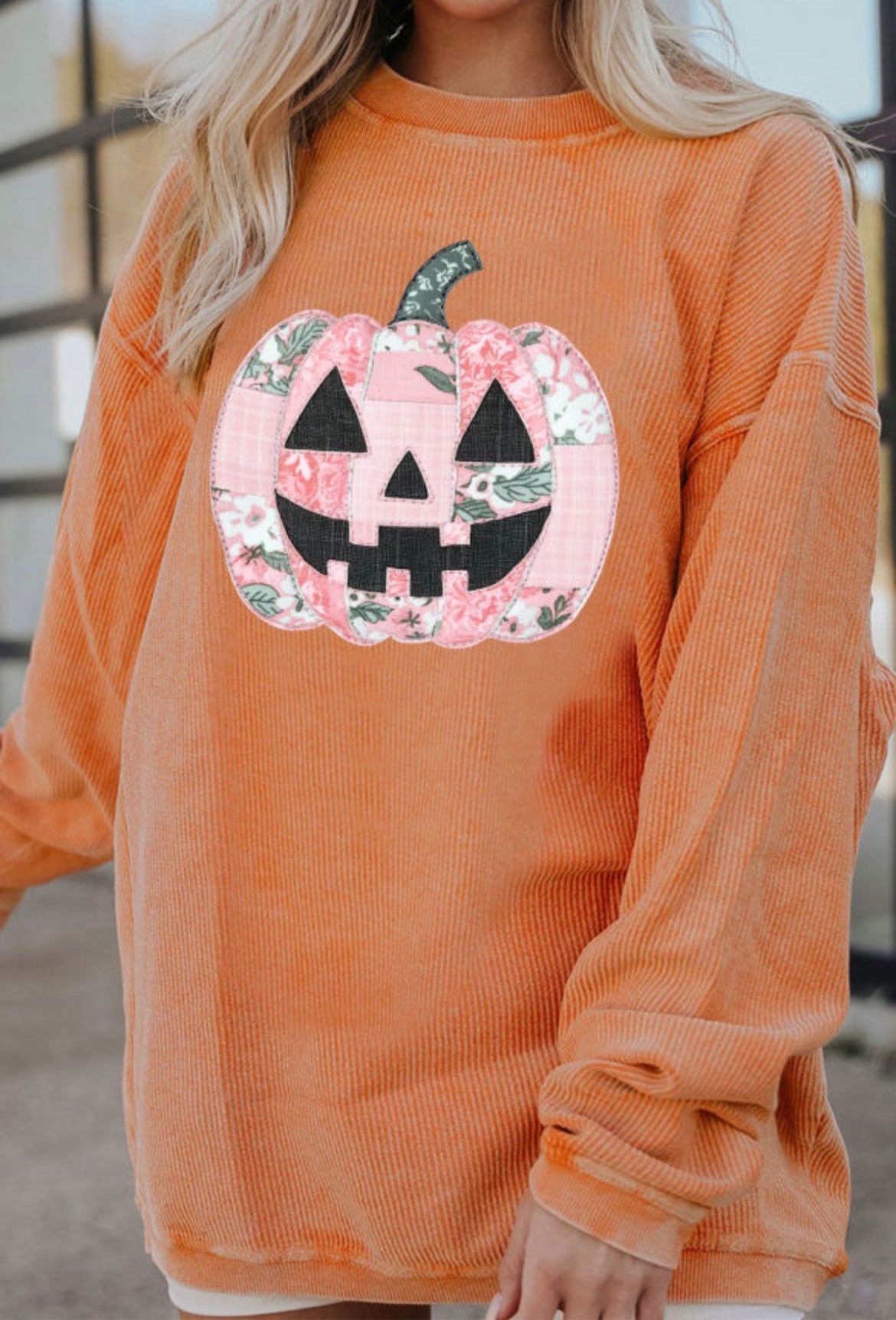 PreOrder: Orange Patchwork Pumpkin Graphic Corded Ribbed Round Neck Tunic Sweatshirt
