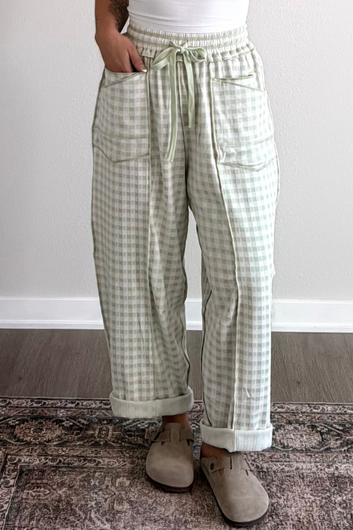 Plaid contrast trim drawstring elastic waist shift pants by Dear-Lover, featuring a relaxed fit and stylish design.