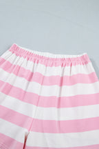 Pink Stripe Patchwork Zipper Pullover Elastic Waist Shorts 2pcs Set