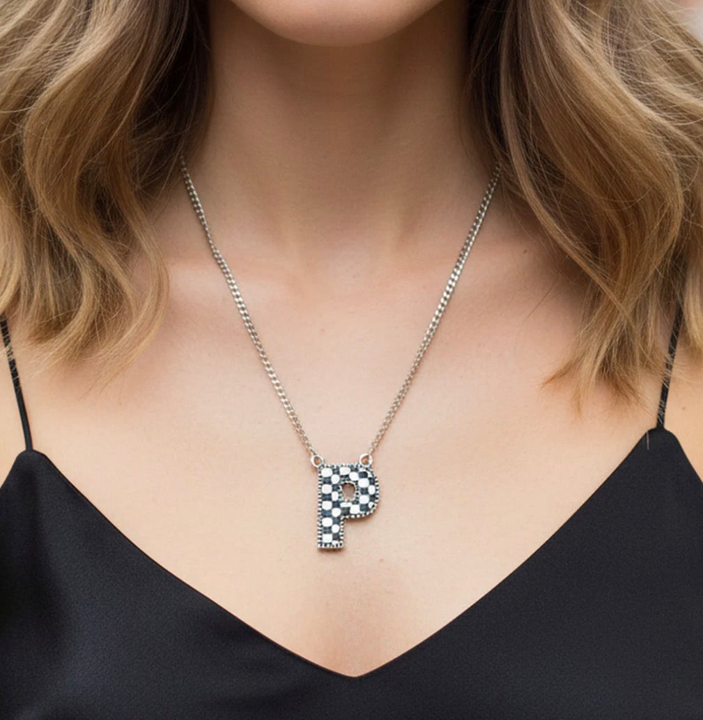 Checkered Initial Necklace - Black and White