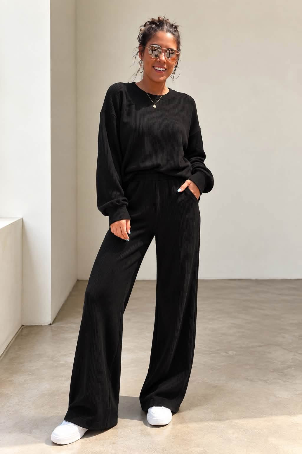 Comfort Co back to basics ribbed knit sets, showing a cozy, fitted ribbed knit top and matching pants in neutral tones.