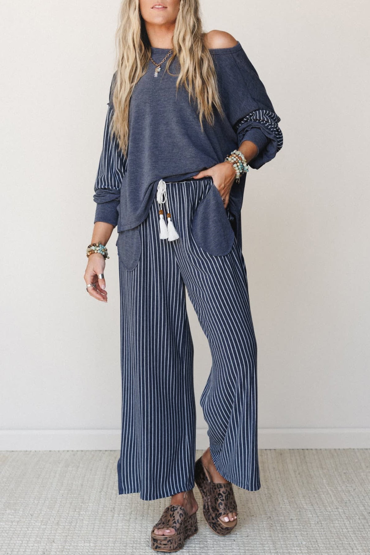 Raw seam patchwork long sleeve top and casual pants two-piece set by Dear-Lover, featuring patchwork details and comfortable fit.