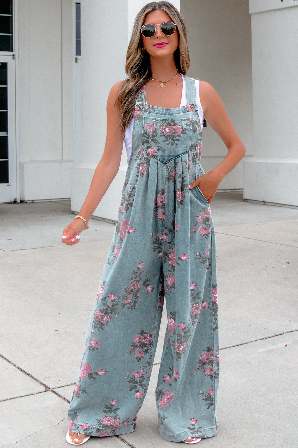 Beau Blue Floral Print Pleated High Waist Wide Leg Denim Jumpsuit