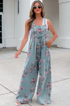 Beau Blue Floral Print Pleated High Waist Wide Leg Denim Jumpsuit