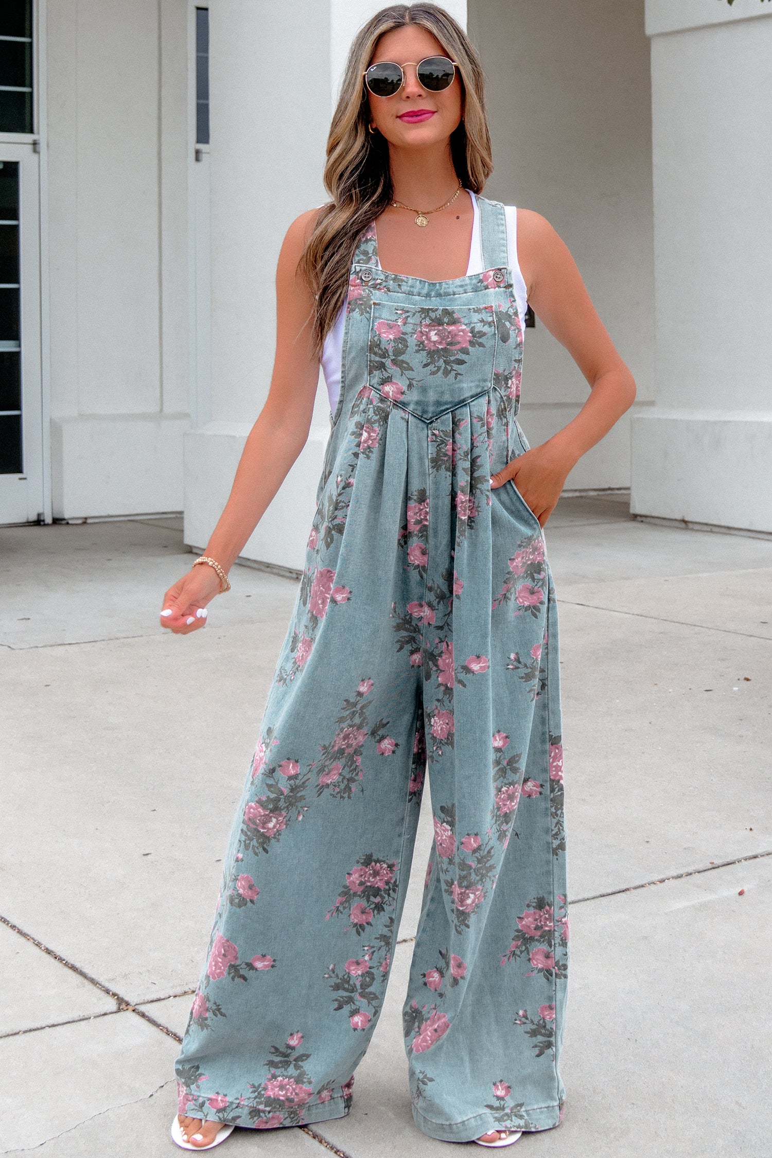 Beau Blue Floral Print Pleated High Waist Wide Leg Denim Jumpsuit