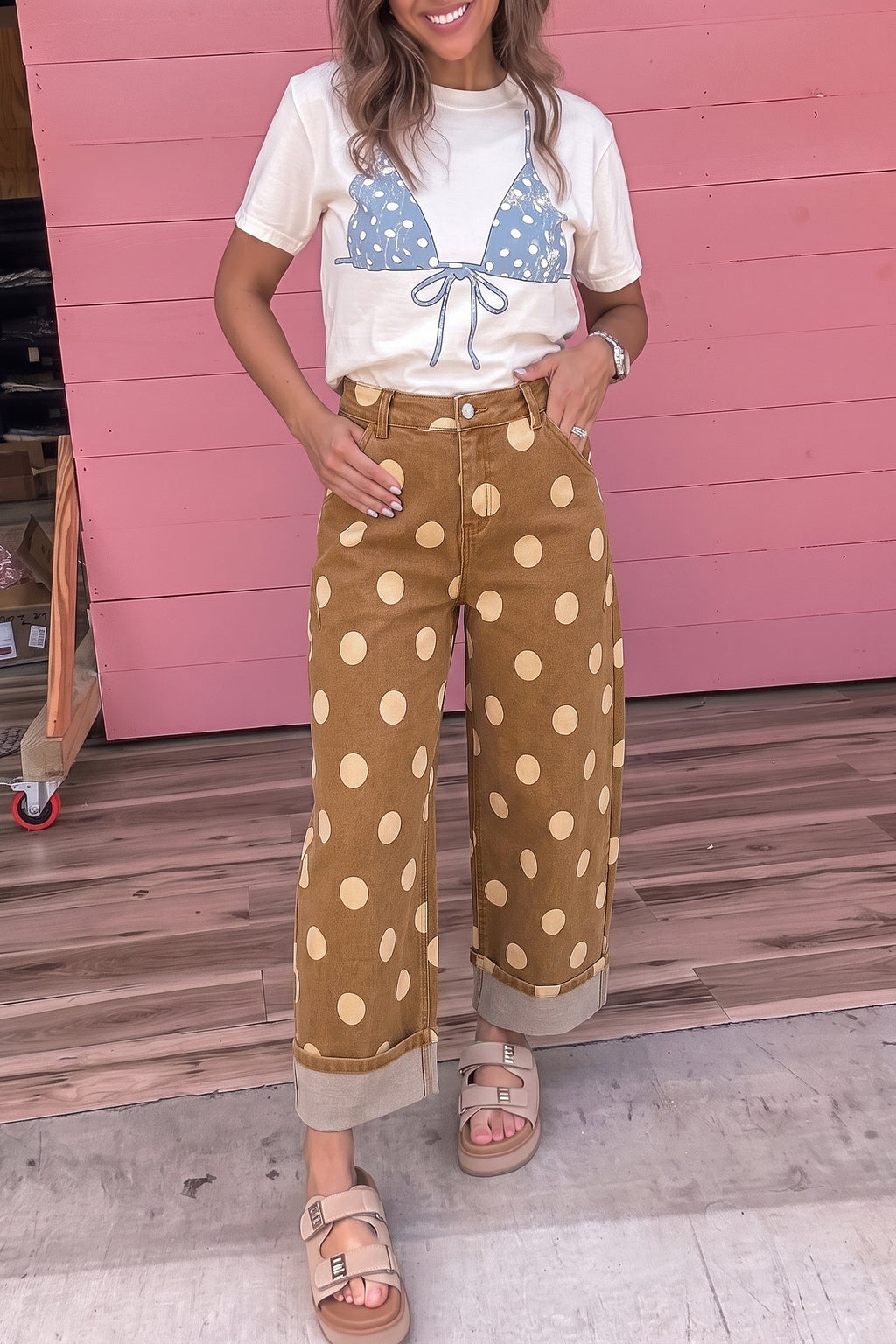 Polka Dot Ankle-Length Metal Button Casual Jeans