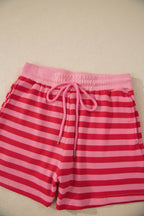 Red Stripe Puff Short Sleeve T Shirt Matching Shorts Set