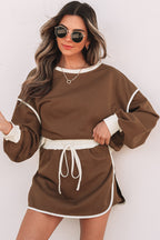 Rose Red Color Contrast Loose Pullover and Lace-up Waist Skort Set