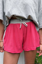 Rose Stripe Contrast Elastic Waist Casual Ribbed Shorts