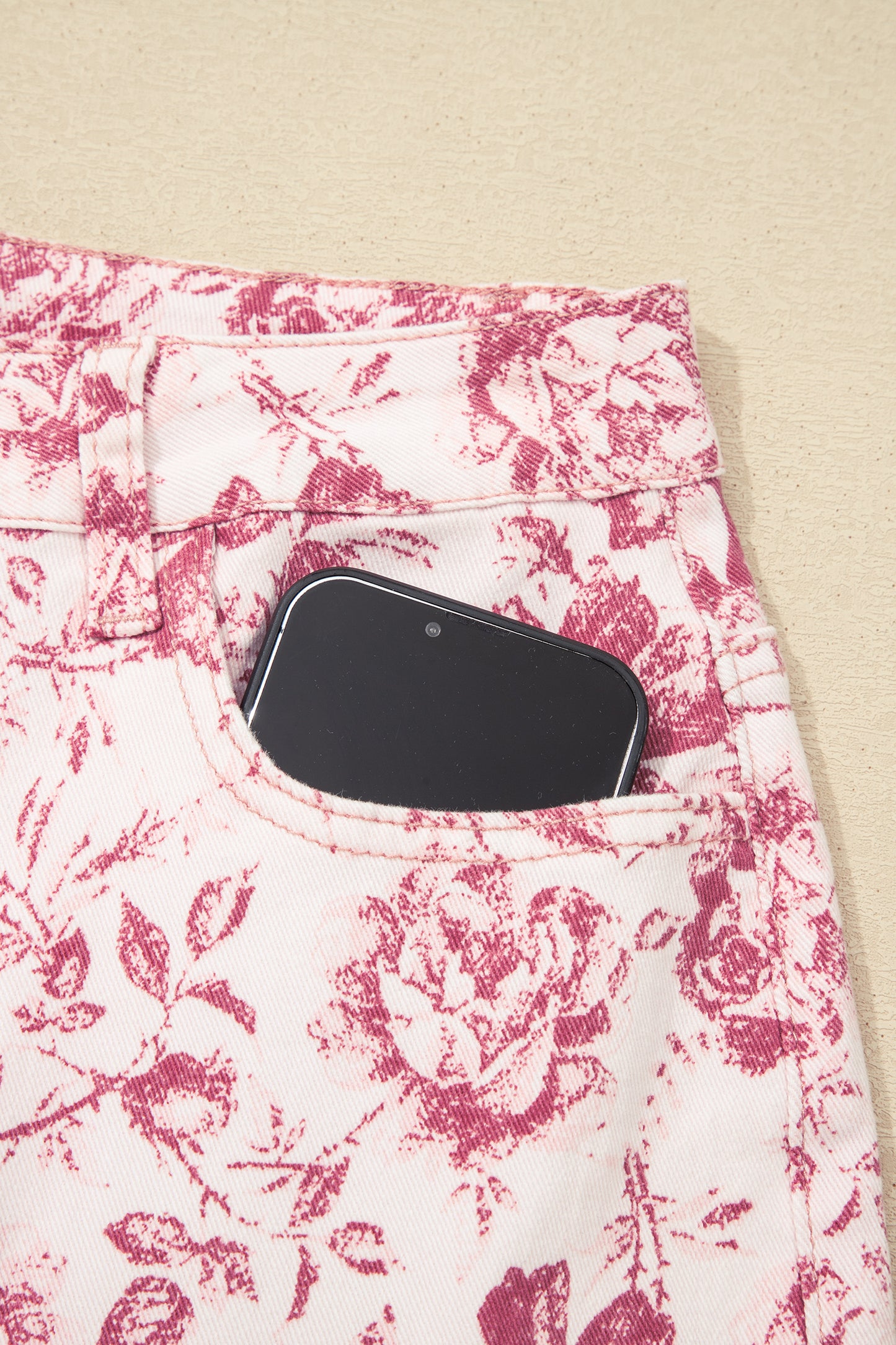 Pink Vintage Floral Print Denim Shift Pants