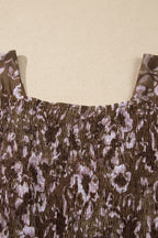 Brown Abstract Floral Print Square Neck Long Sleeve Mini Shift Dress
