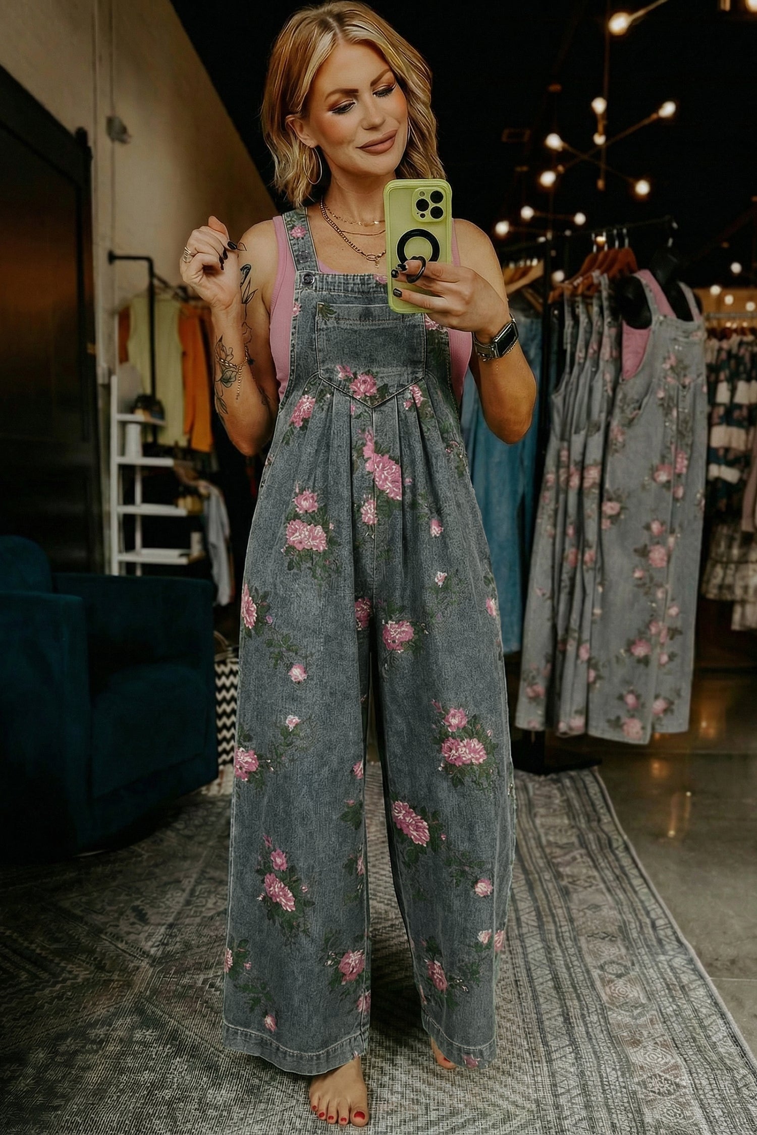 Floral Print Pleated High Waist Wide Leg Denim Jumpsuit