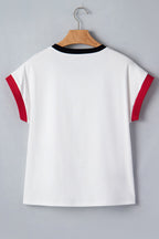 White USA Sequin Color Block Trim Loose T Shirt