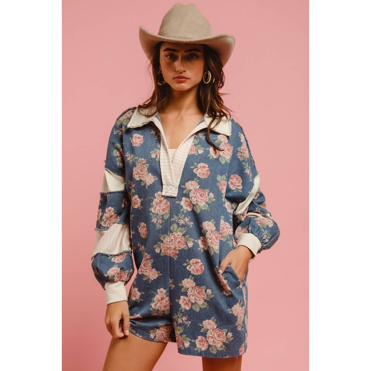 WASHED FLORAL DENIM ROMPER WITH CONTRAST COLLAR
