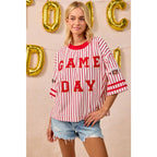 GAMEDAY THEME STRIPE KNIT TOP WITH SLEEVE PATCHED
