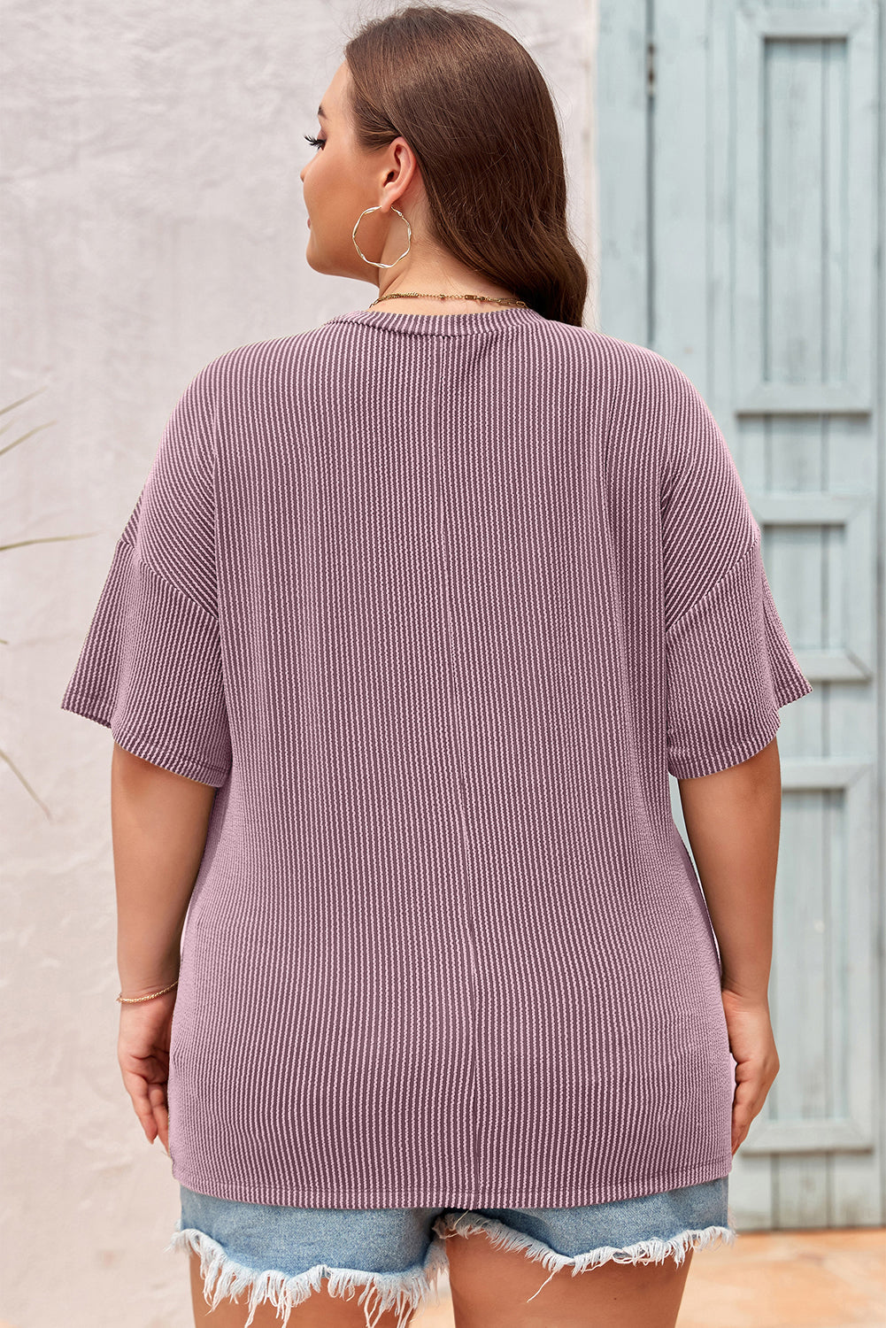 White Textured V-Neck Dropped Shoulder Plus T-Shirt