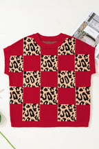 Green Leopard Checkerboard Short Sleeve Knit Sweater