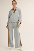 Striped Patchwork Quarter Zip Pullover Loose Pant Set