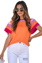 Turquoise Contrast Flutter Sleeves Knitted Sweater T Shirt